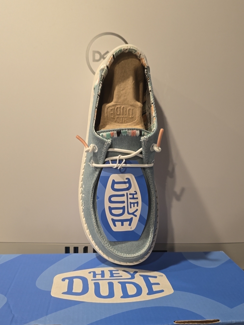 Hey Dude Women's Slip-On Shoe in Light Blue with Pale Pink Accents